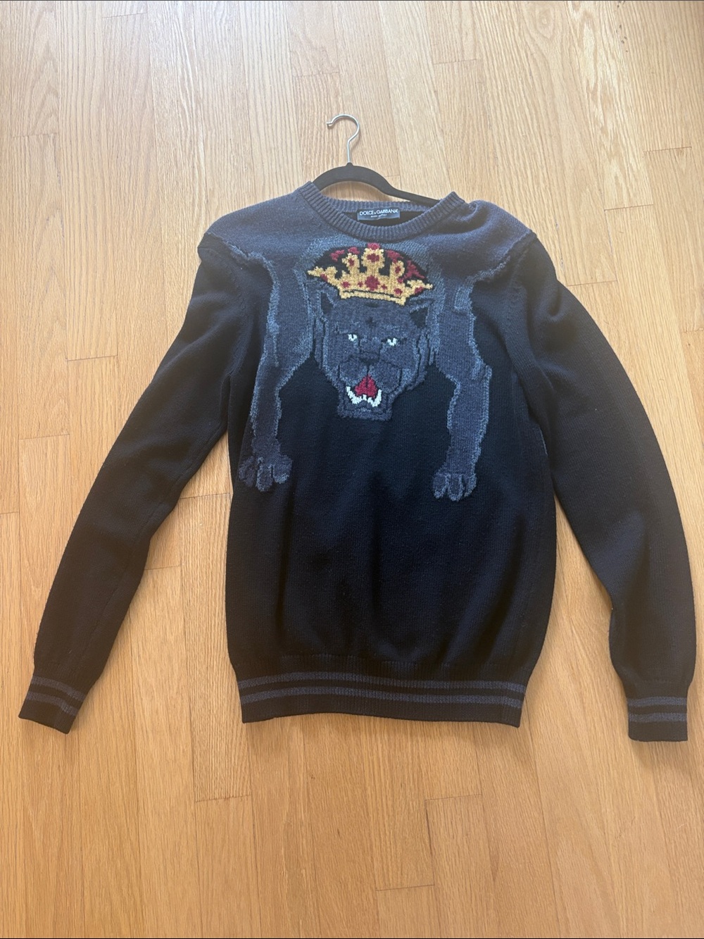 Dolce & Gabbana Black Crewneck Sweater with Crowned Panther Motif